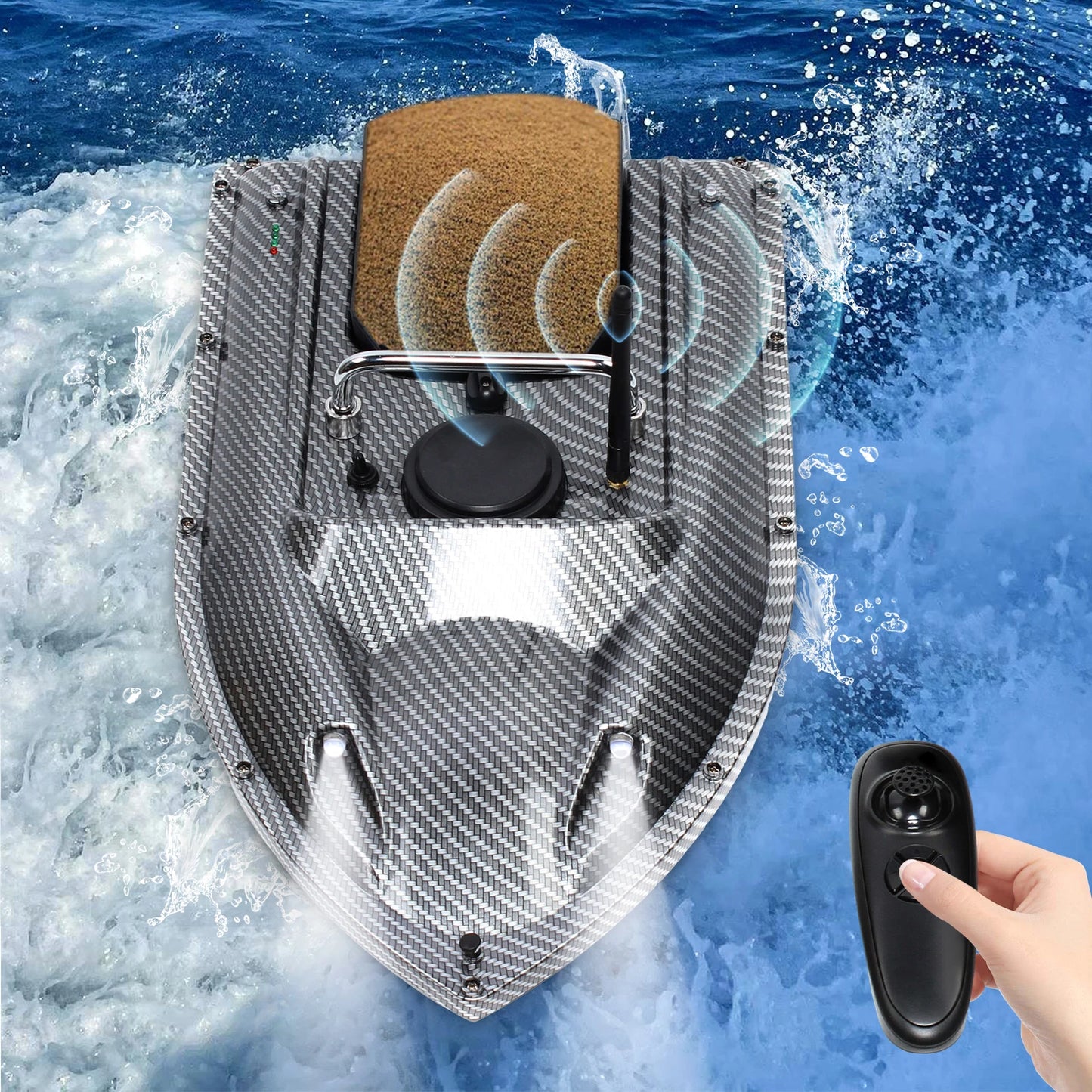 Bateau amorceur radiocommandé de grande capacité et de haute qualité, avec GPS intégré, portée de 500 m et feu de position LED (noir).