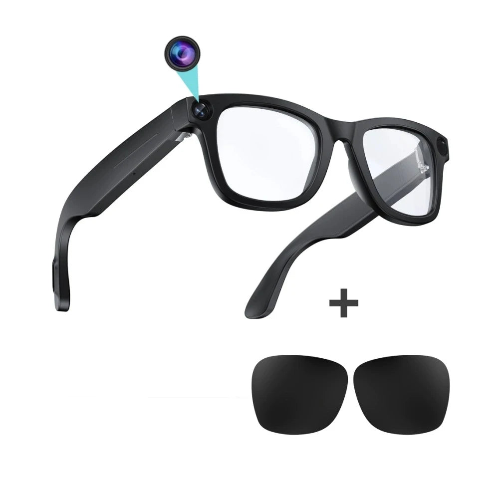 Lunettes intelligentes E03L avec intelligence artificielle, appareil photo 800 Wpixels, prise de photos et vidéos, appels vocaux, traduction et musique. Écouteurs sans fil E03 intégrés.