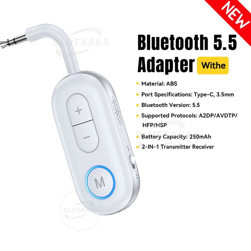Nouvel adaptateur Bluetooth 5.5 sans fil avec prise jack AUX 3,5 mm, émetteur-récepteur audio et microphone pour voiture, haut-parleurs, casque, ordinateur portable, avion.