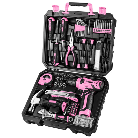 Kit d'outils électroportatifs DEKO 126 pièces avec perceuse sans fil 8 V, mandrin sans clé 10 mm (3/8"), kit d'outils à main professionnel pour la maison et le bricolage.