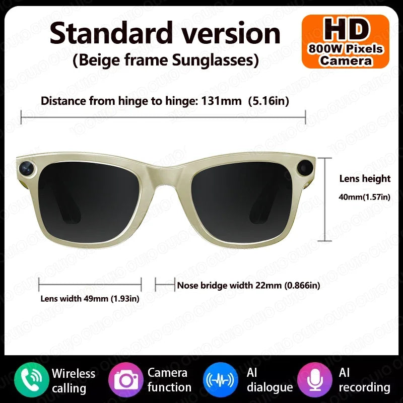 Lunettes intelligentes IA avec caméra 8 MP, enregistrement vidéo, traduction de plus de 100 langues, appels Bluetooth et lecture de musique. Modèle homme/femme (2025).