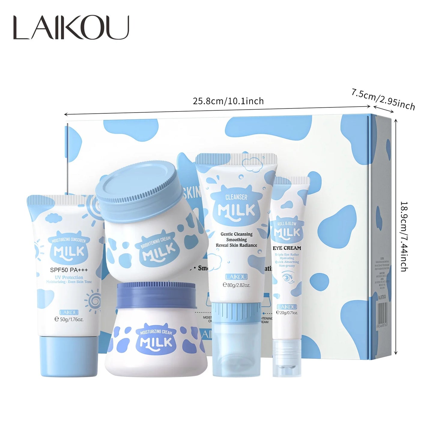 Coffret de soins éclaircissants au lait (5 pièces) : nettoyant nourrissant, crème contour des yeux, crème solaire hydratante, soin anti-rides pour le visage