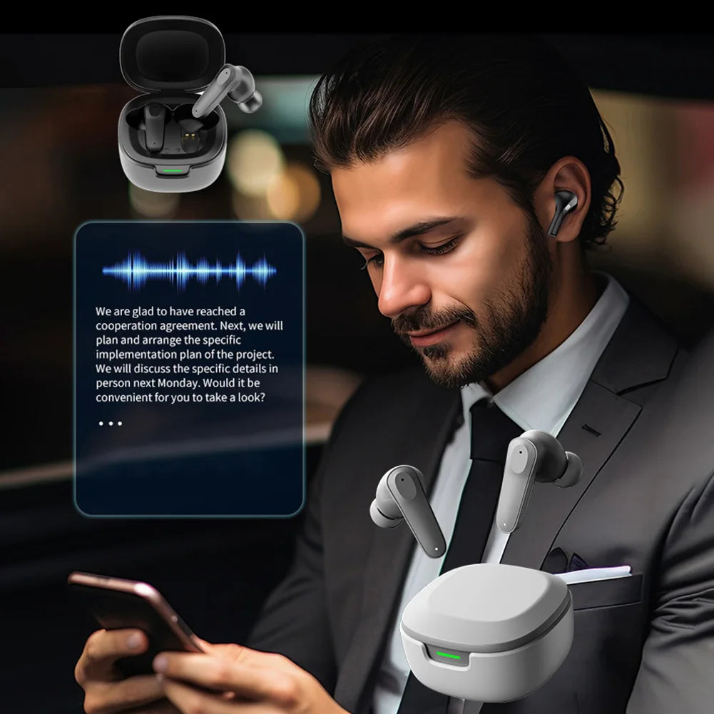 Écouteurs intra-auriculaires intelligents avec IA et traduction vocale en temps réel pour les voyages d'affaires.