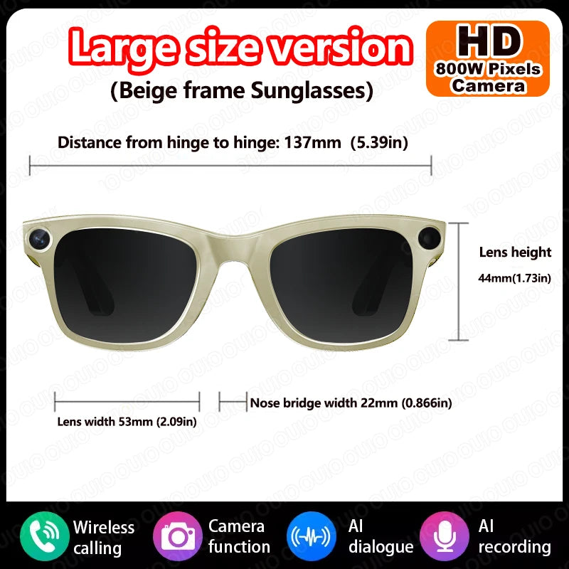 Lunettes intelligentes IA avec caméra 8 MP, enregistrement vidéo, traduction de plus de 100 langues, appels Bluetooth et lecture de musique. Modèle homme/femme (2025).