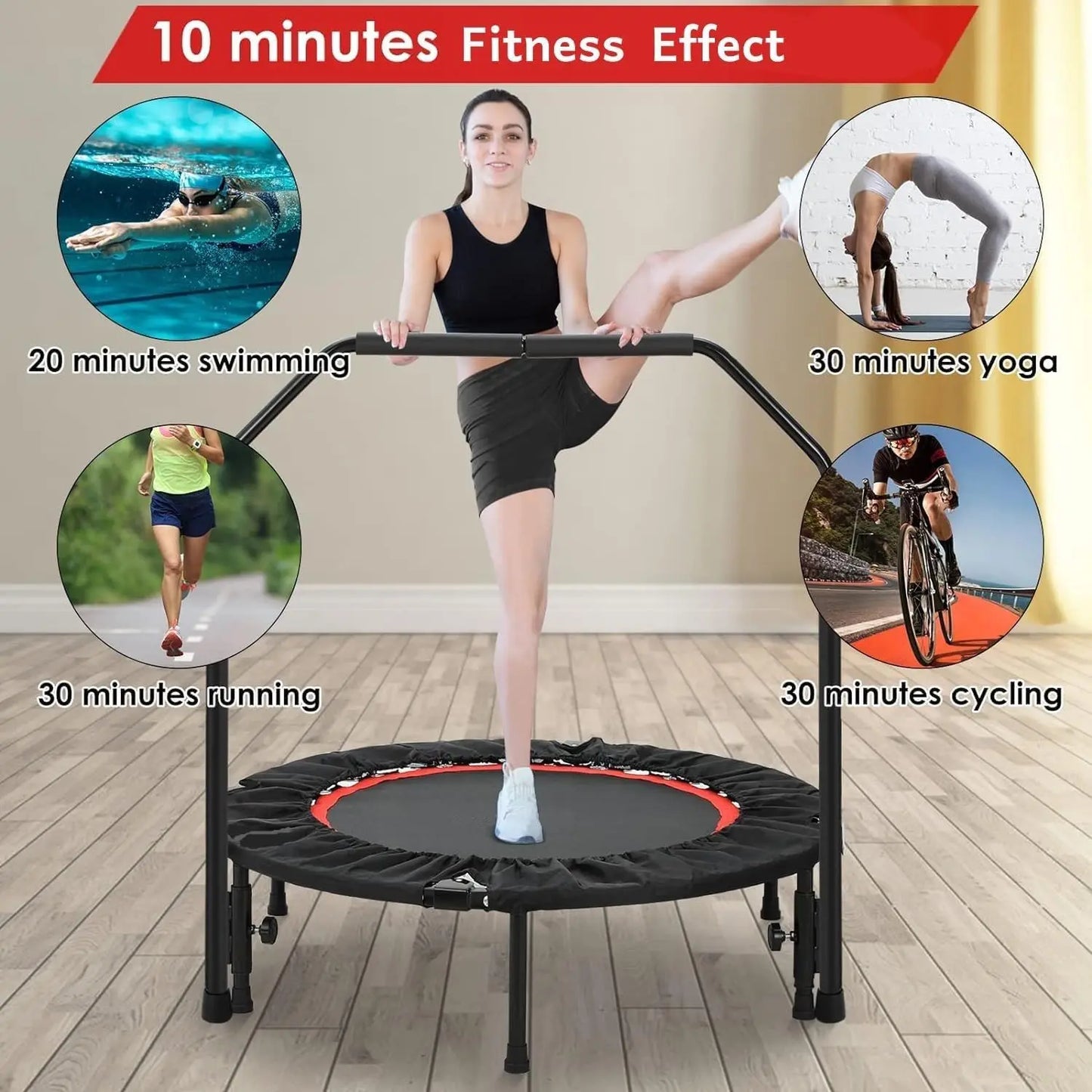 Mini trampoline pliable, trampoline d'exercice avec poignée réglable, trampoline de rebond pour adultes, trampoline d'intérieur