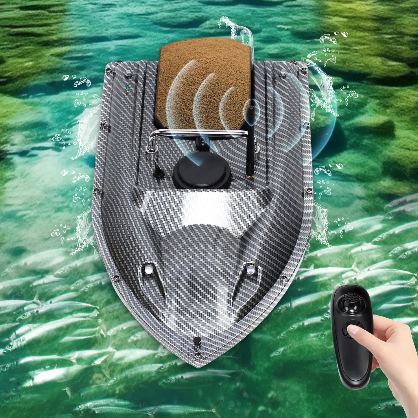 Bateau amorceur radiocommandé de grande capacité et de haute qualité, avec GPS intégré, portée de 500 m et feu de position LED (noir).