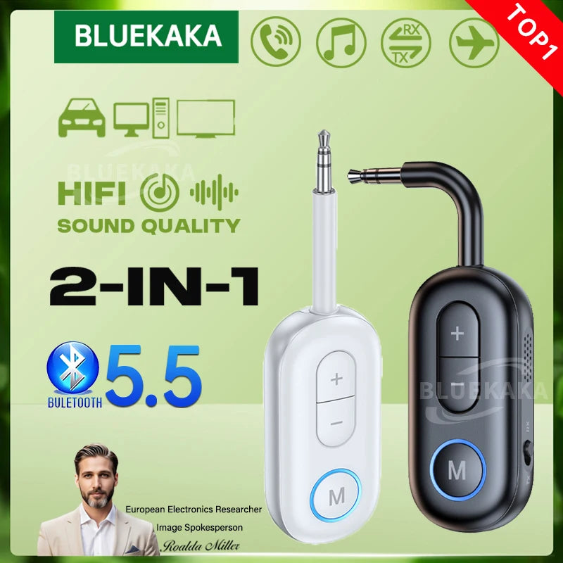 Nouvel adaptateur Bluetooth 5.5 sans fil avec prise jack AUX 3,5 mm, émetteur-récepteur audio et microphone pour voiture, haut-parleurs, casque, ordinateur portable, avion.