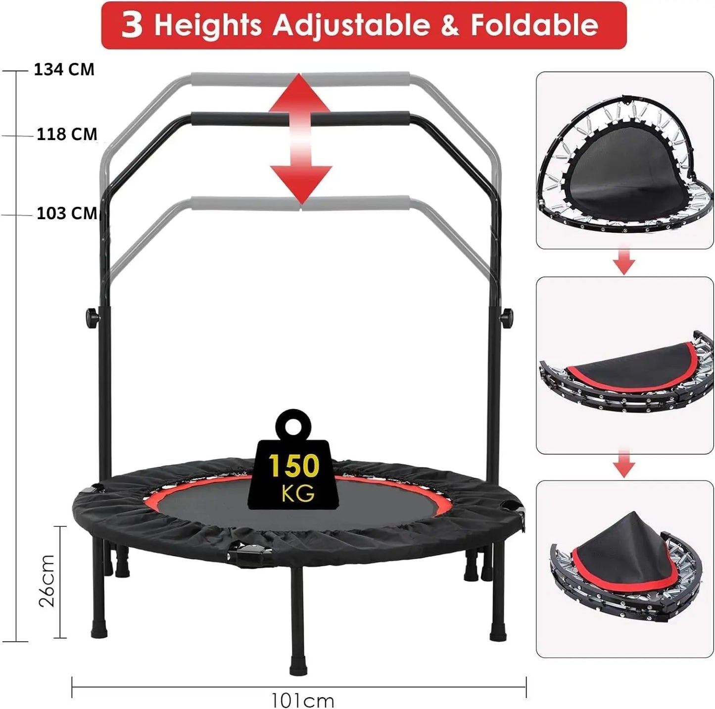 Mini trampoline pliable, trampoline d'exercice avec poignée réglable, trampoline de rebond pour adultes, trampoline d'intérieur