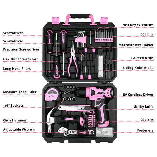 Kit d'outils électroportatifs DEKO 126 pièces avec perceuse sans fil 8 V, mandrin sans clé 10 mm (3/8"), kit d'outils à main professionnel pour la maison et le bricolage.