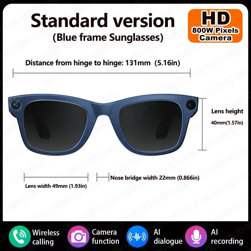 Lunettes intelligentes IA avec caméra 8 MP, enregistrement vidéo, traduction de plus de 100 langues, appels Bluetooth et lecture de musique. Modèle homme/femme (2025).